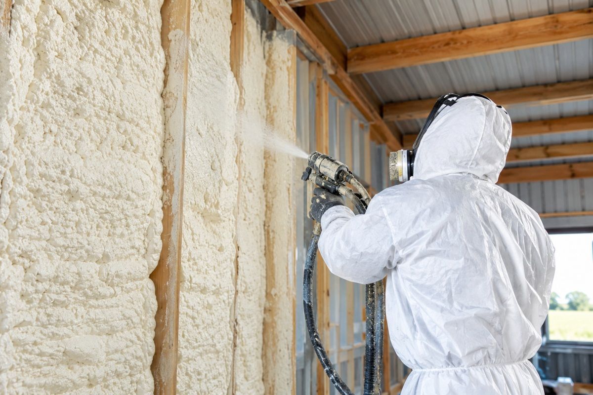 Contractor applying closed-cell spray foam insulation