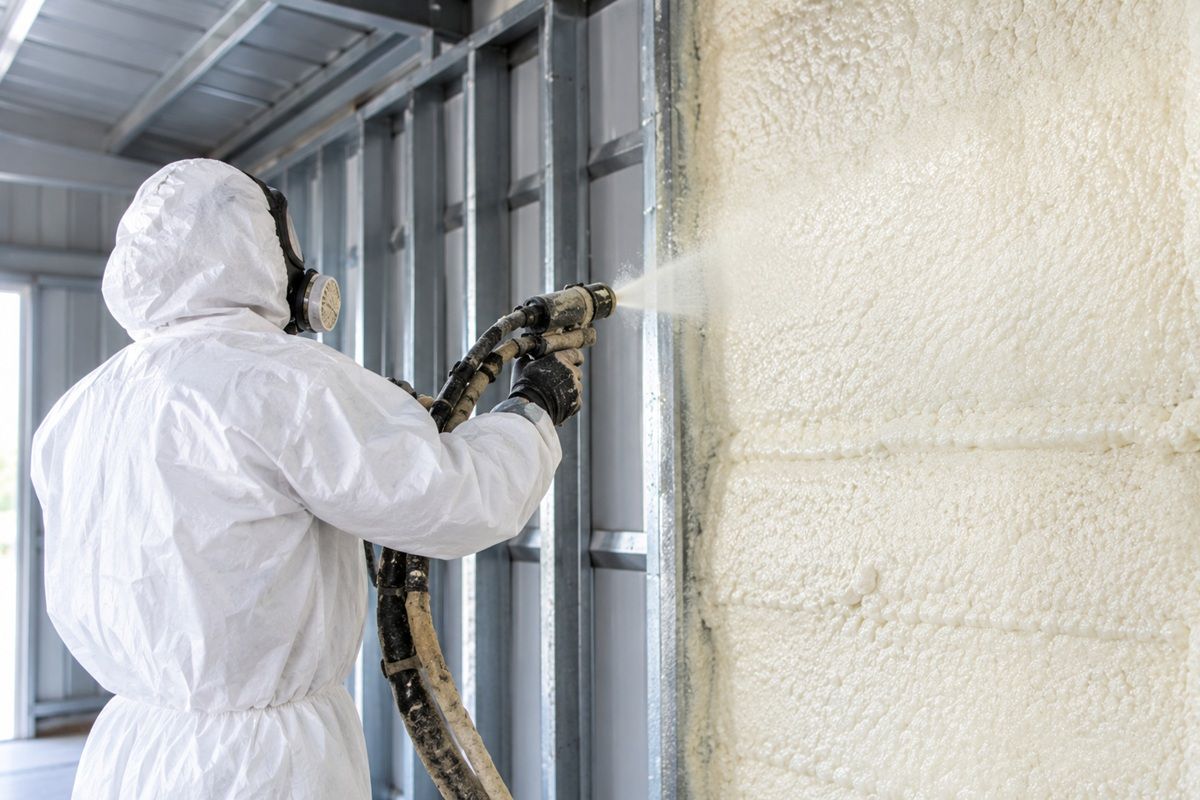 Contractor applying closed-cell spray foam insulation