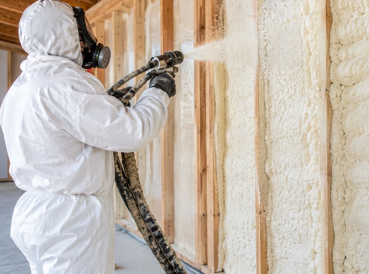 Contractor spraying closed-cell foam insulation between wall studs