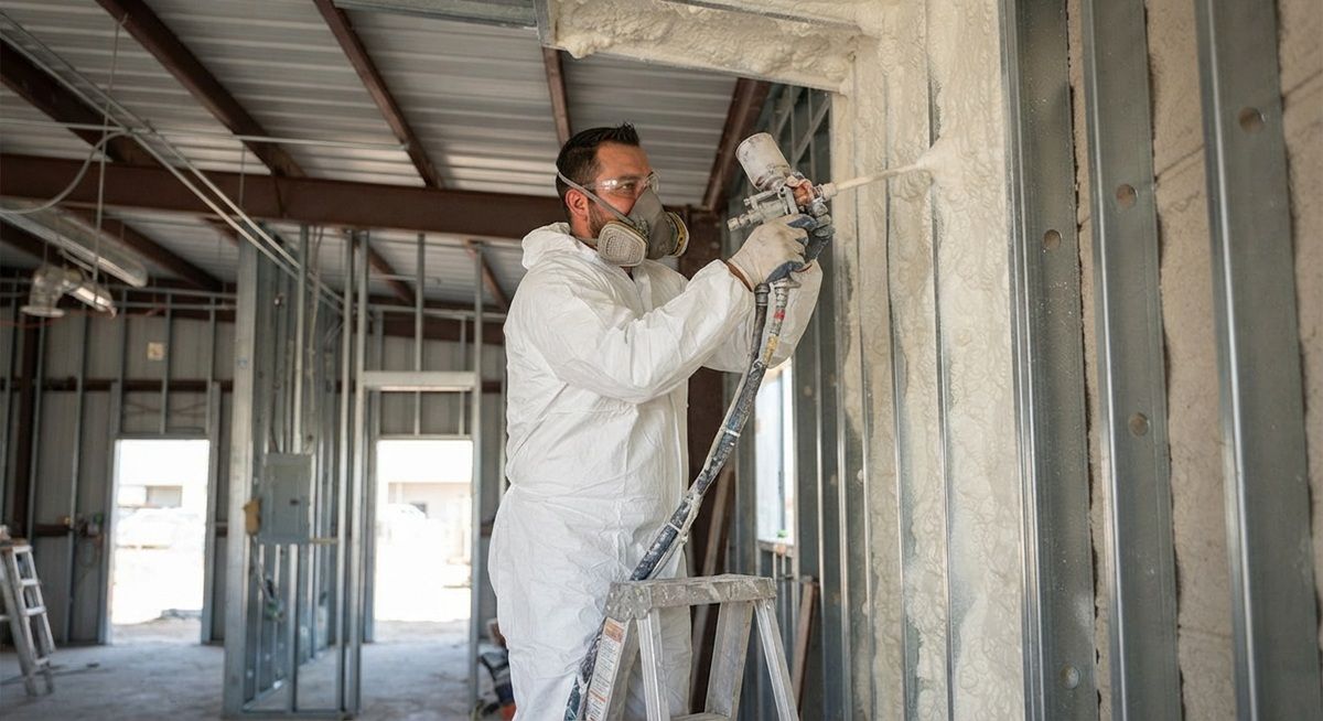 Contractor applying spray foam insulation in a commercial building in Mission, TX