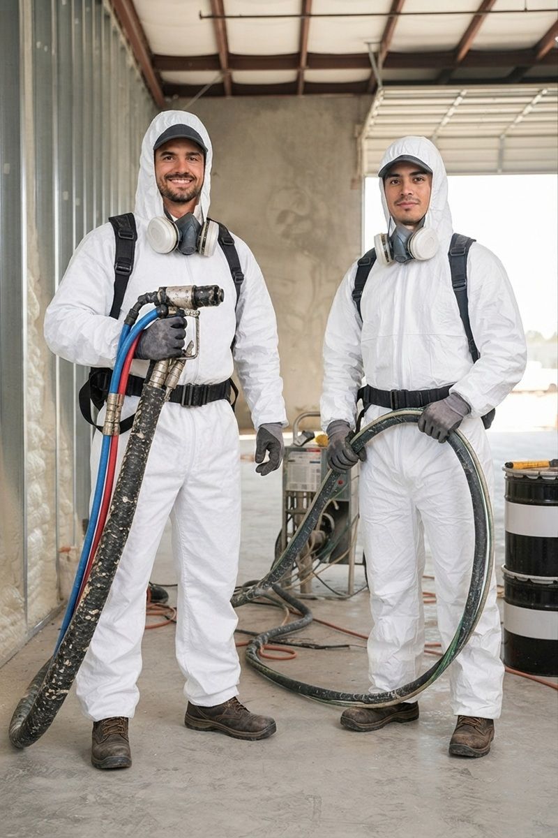 Commercial spray foam insulation technicians in protective suits.