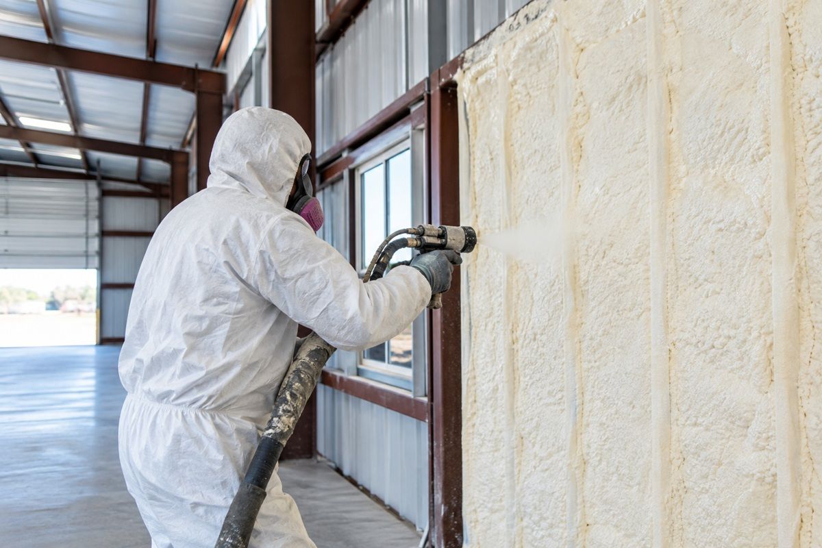 Commercial spray foam insulation contractor in Mission TX applying insulation inside a metal building.