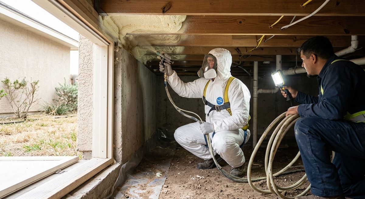 Technician in a hazmat suit applies spray foam insulation in a crawl space foundation.
