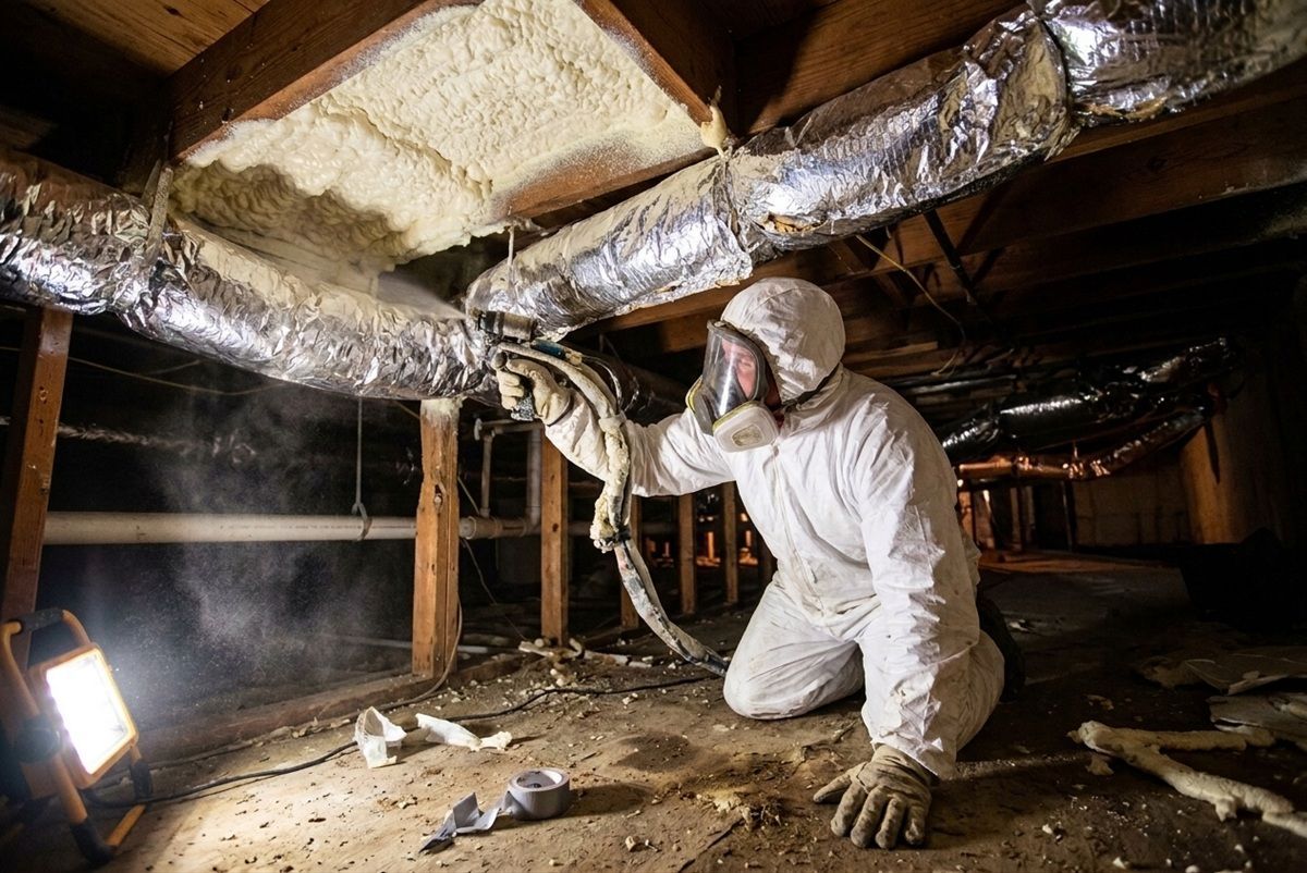 Contractor applying spray foam insulation in a residential crawl space in Mission, TX.