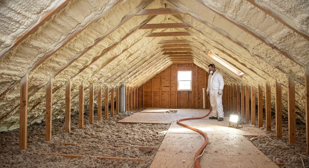 A spray foam insulation contractor working in a recently insulated attic in Mission, TX.