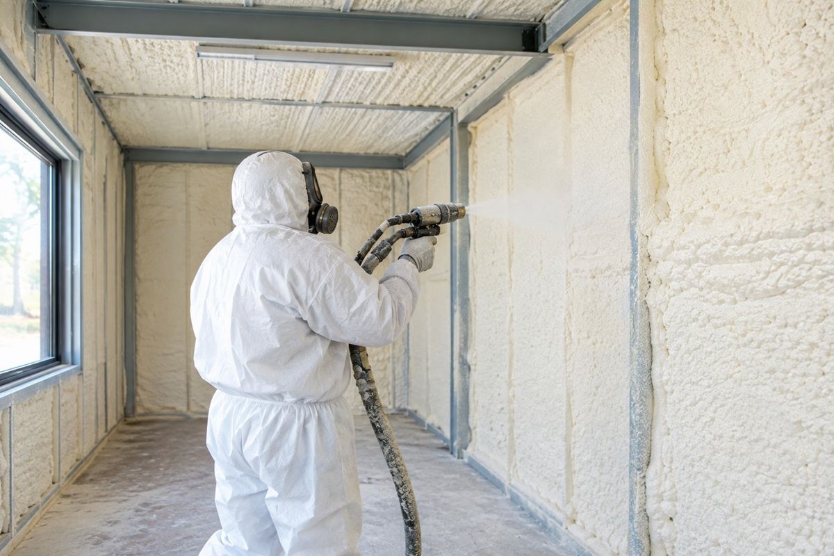 Contractor spraying foam insulation inside a metal building office
