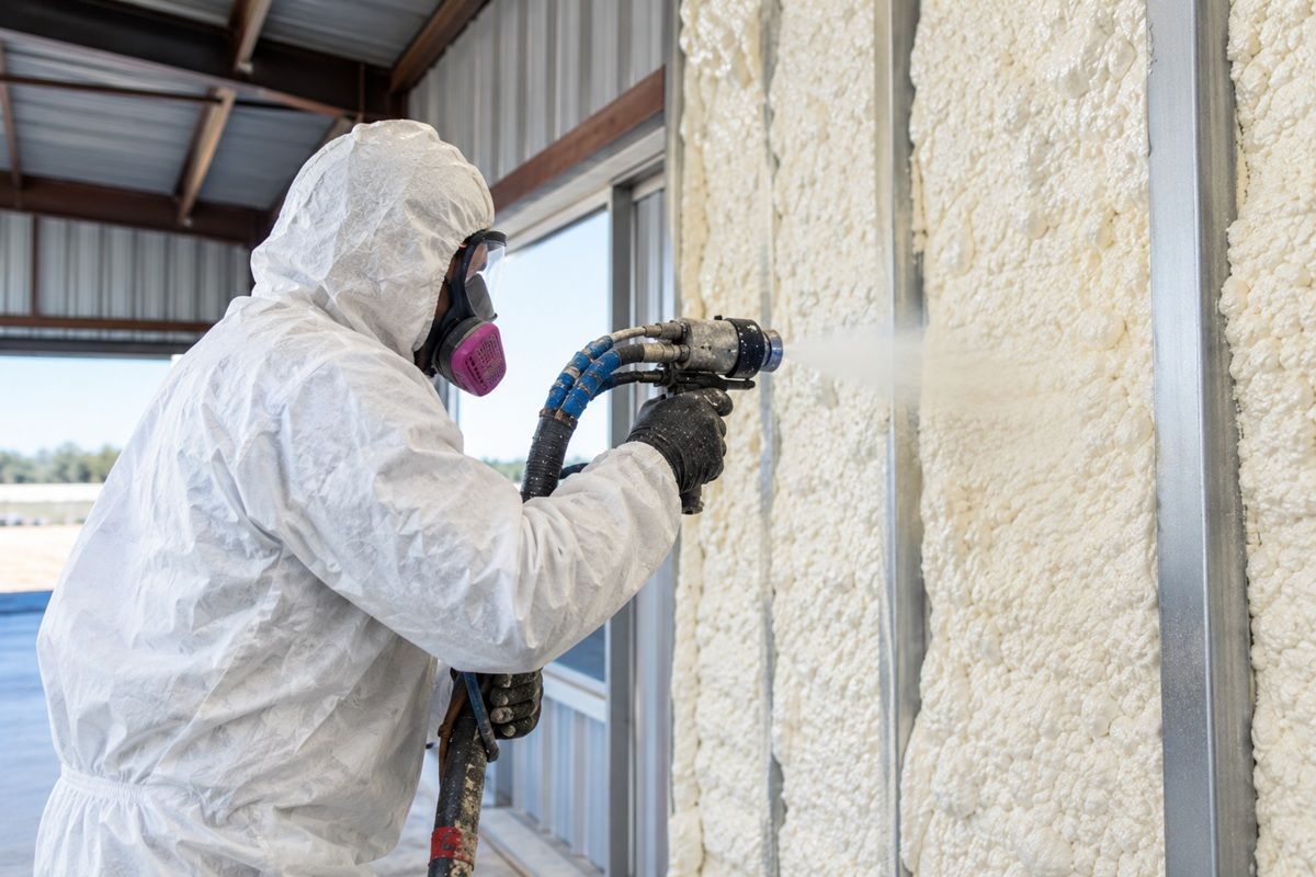 Spray foam insulation contractor insulating a metal building wall in Mission TX.
