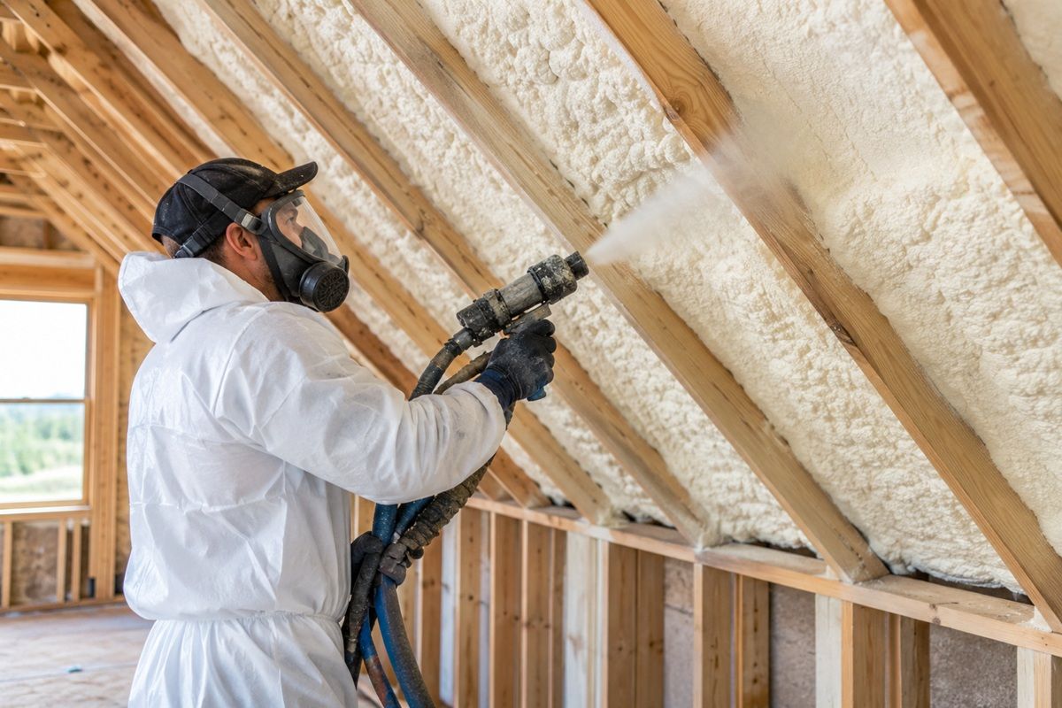 Spray foam insulation worker spraying attic rafters in Mission, TX
