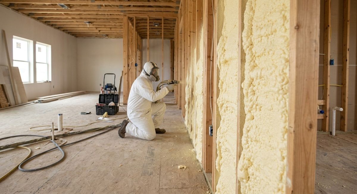 Contractor applying open cell spray foam insulation in Mission, TX.