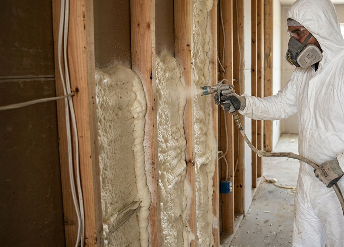 Applying open-cell spray foam insulation to exposed wall studs in a Mission.
