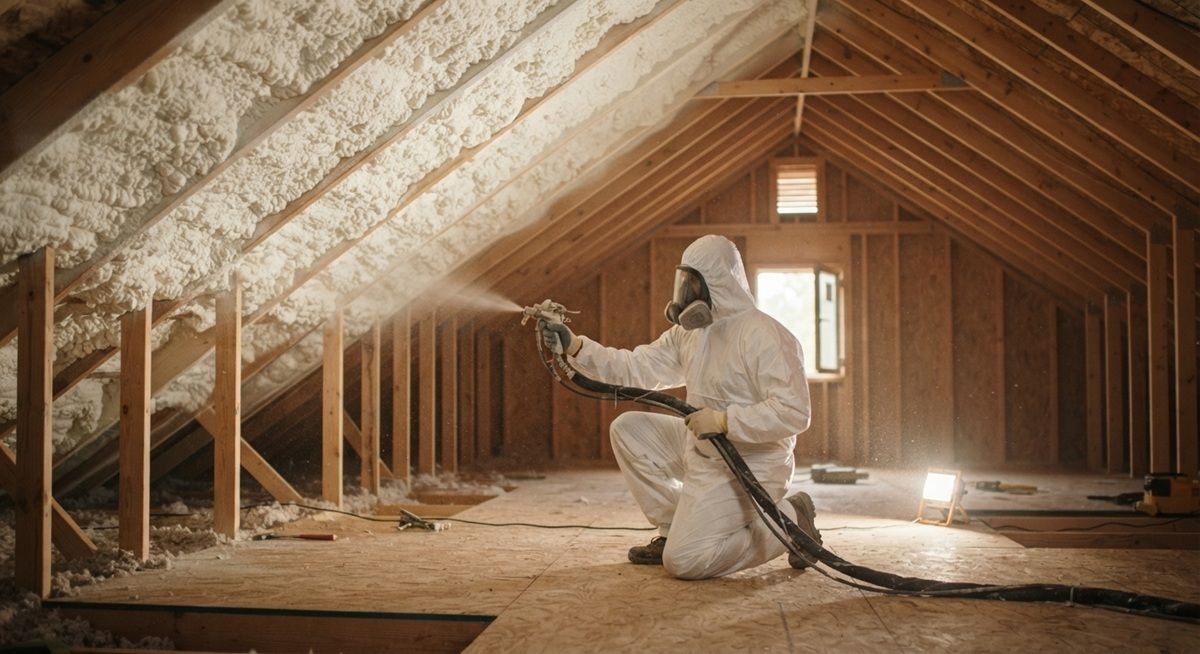 Contractor applying open cell spray foam insulation in an attic in Mission, TX.