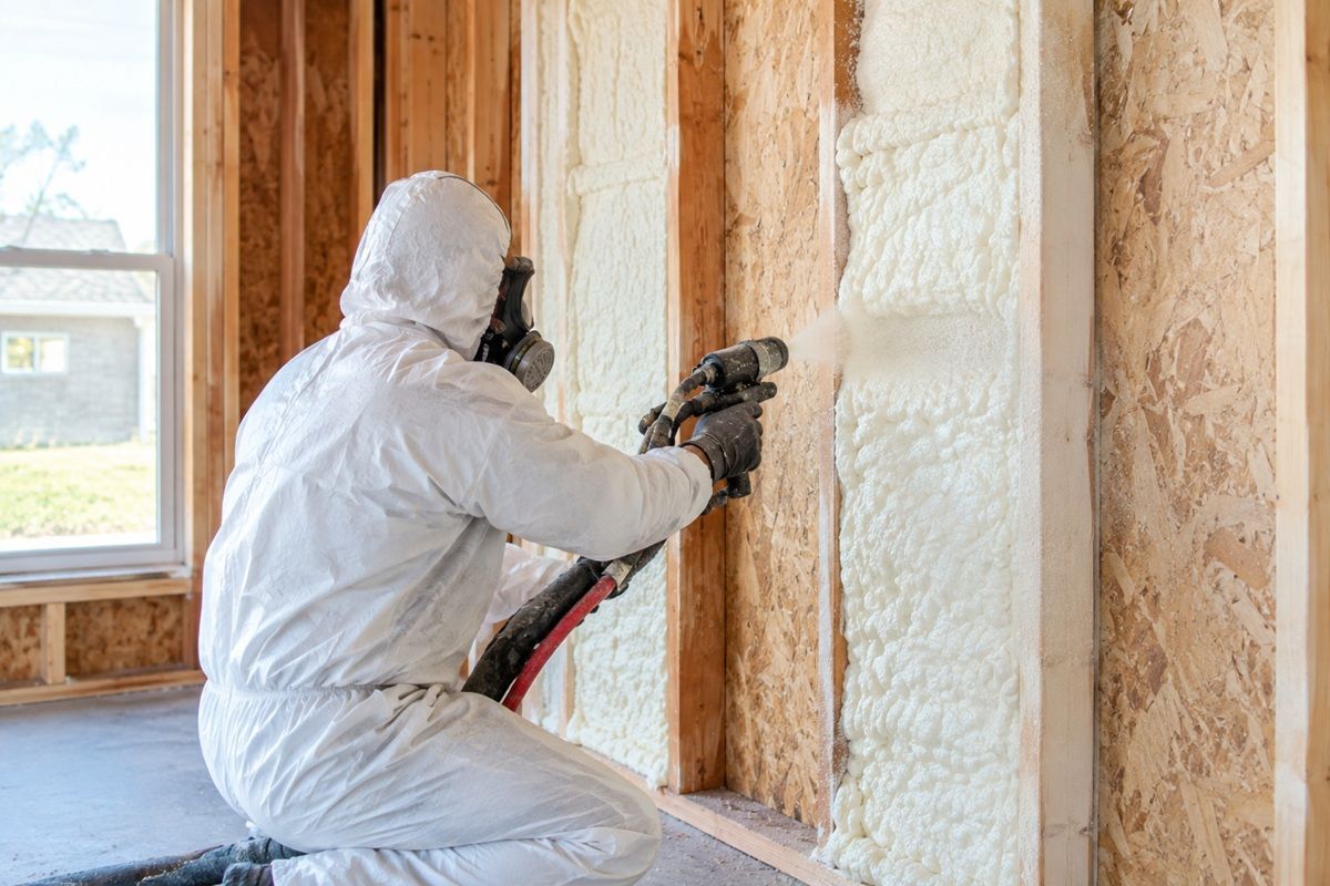 Contractor spraying foam insulation into wall cavities