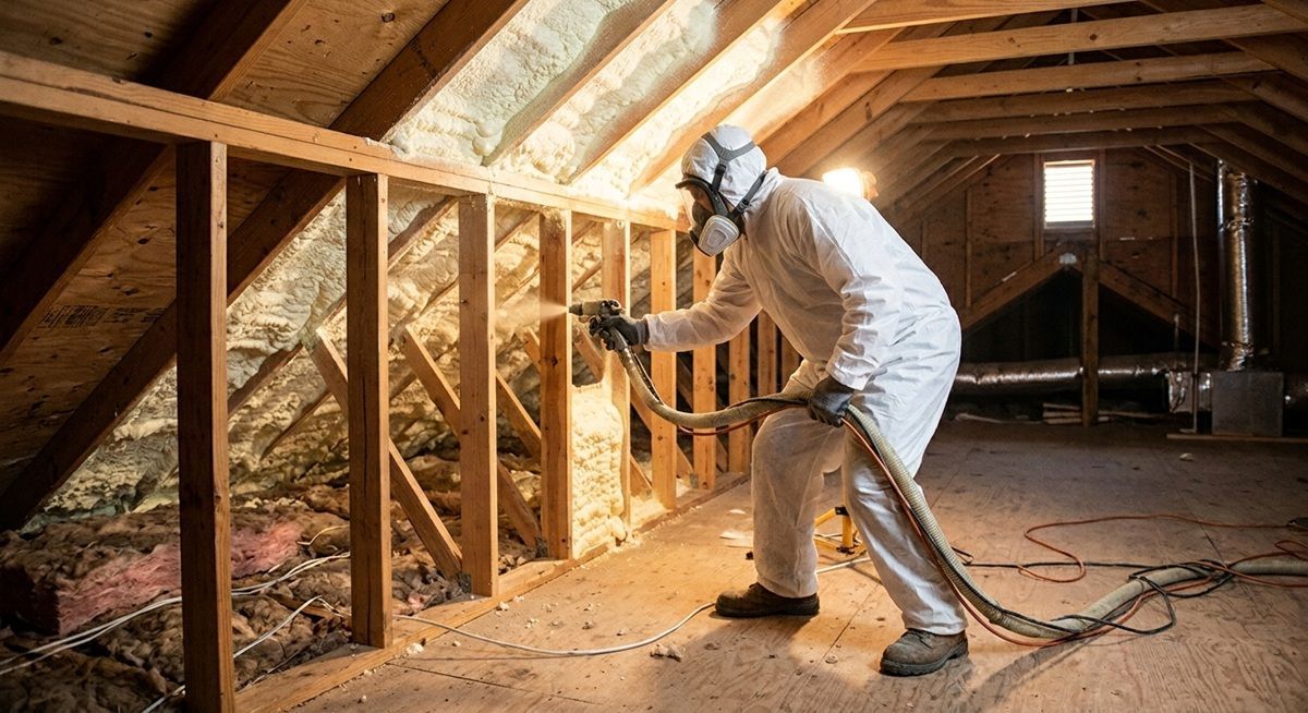 Contractor applying spray foam insulation in a residential attic in Mission, TX.
