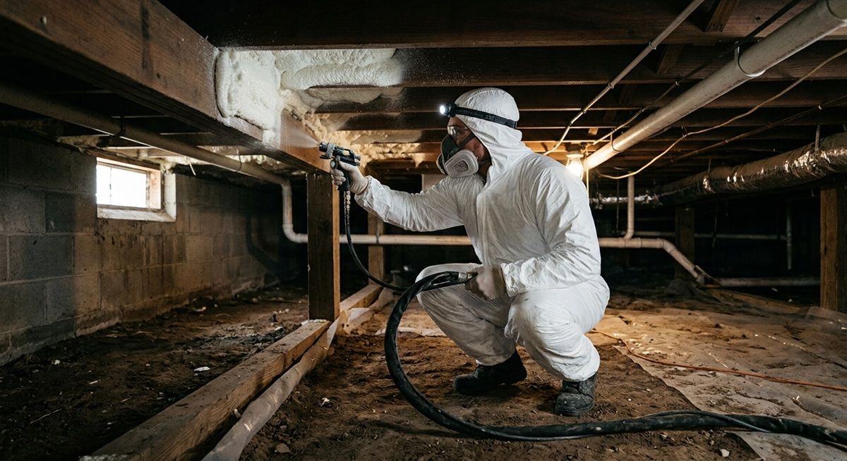 Contractor applying spray foam insulation in a residential crawl space in Mission, TX.