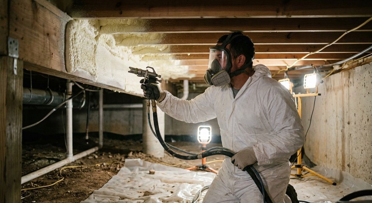 Contractor applying spray foam insulation in a crawl space in Mission, TX.