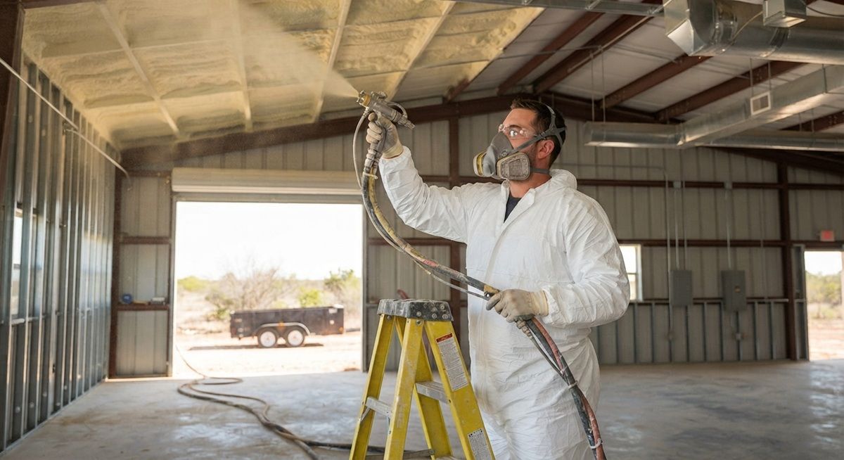 A worker spraying foam insulation on a ceiling.
