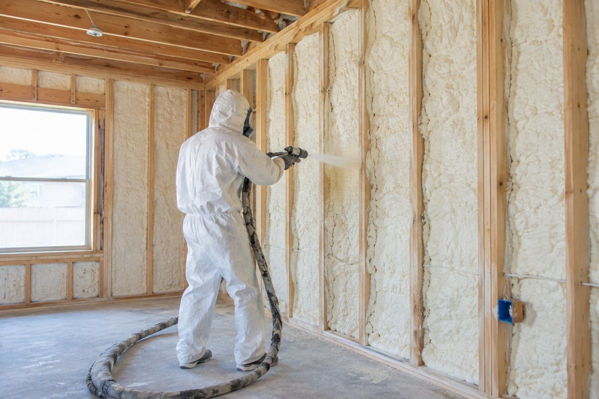 Insulation contractor applying spray foam insulation to open wall studs in Mission, TX.