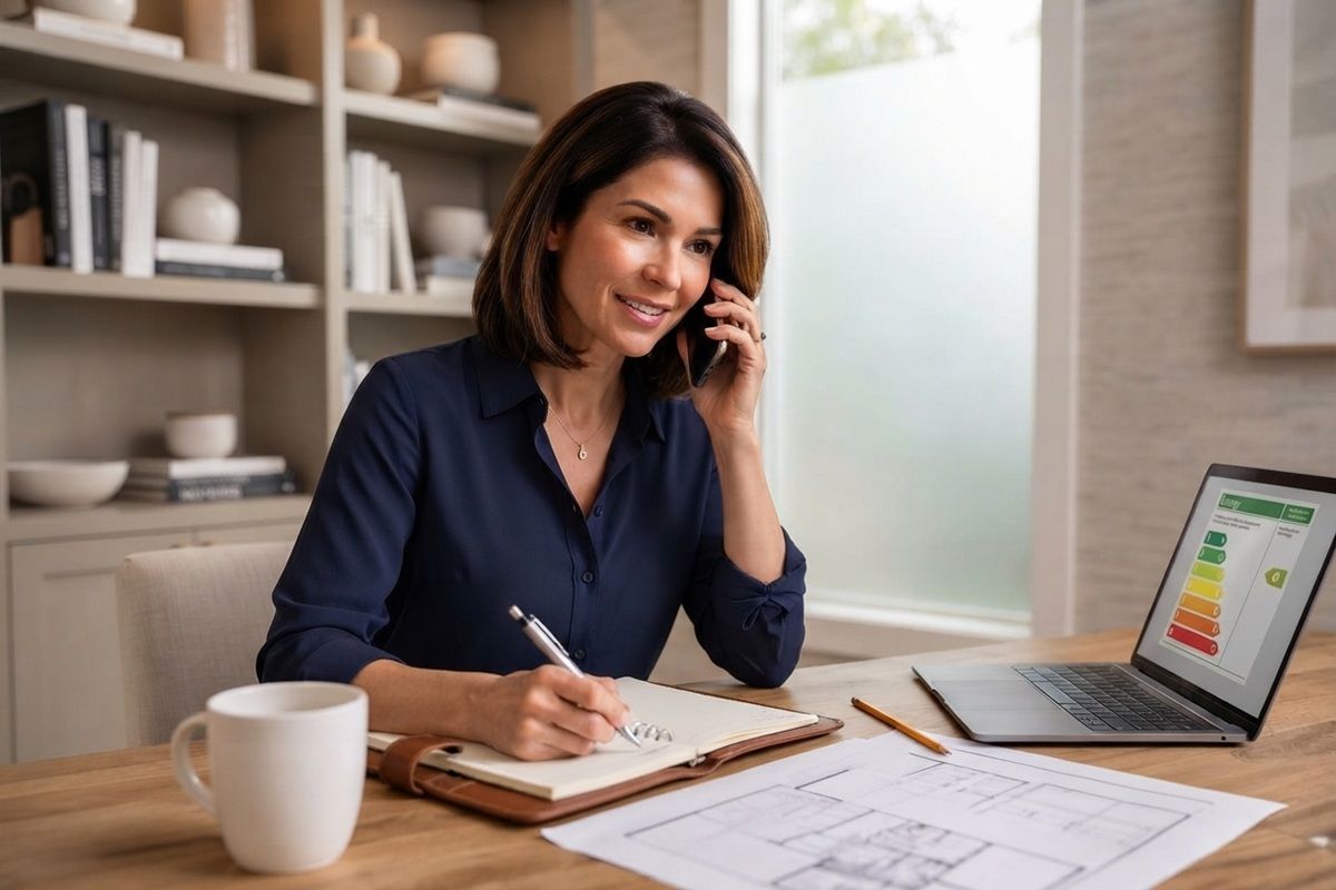 Homeowner on phone discussing energy plans in Mission, TX.

