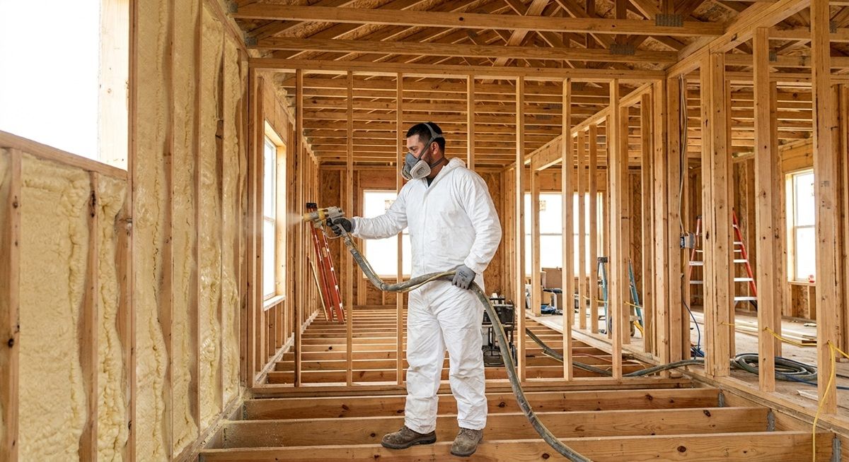 Spray foam insulation applying foam inside a residential home under construction in Mission, TX.
