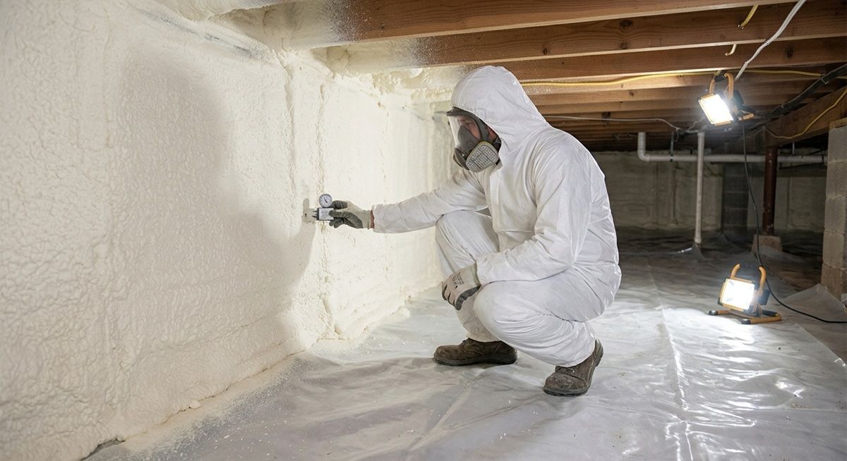 A worker in a protective suit checks newly installed spray foam insulation in a home crawl space.
