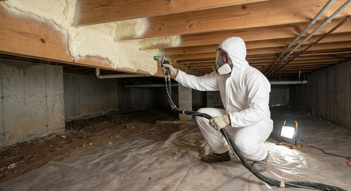Technician in protective suit spray foam insulation under a house.