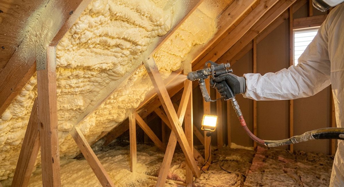 Person in a hazmat suit applies spray foam insulation to attic rafters.
