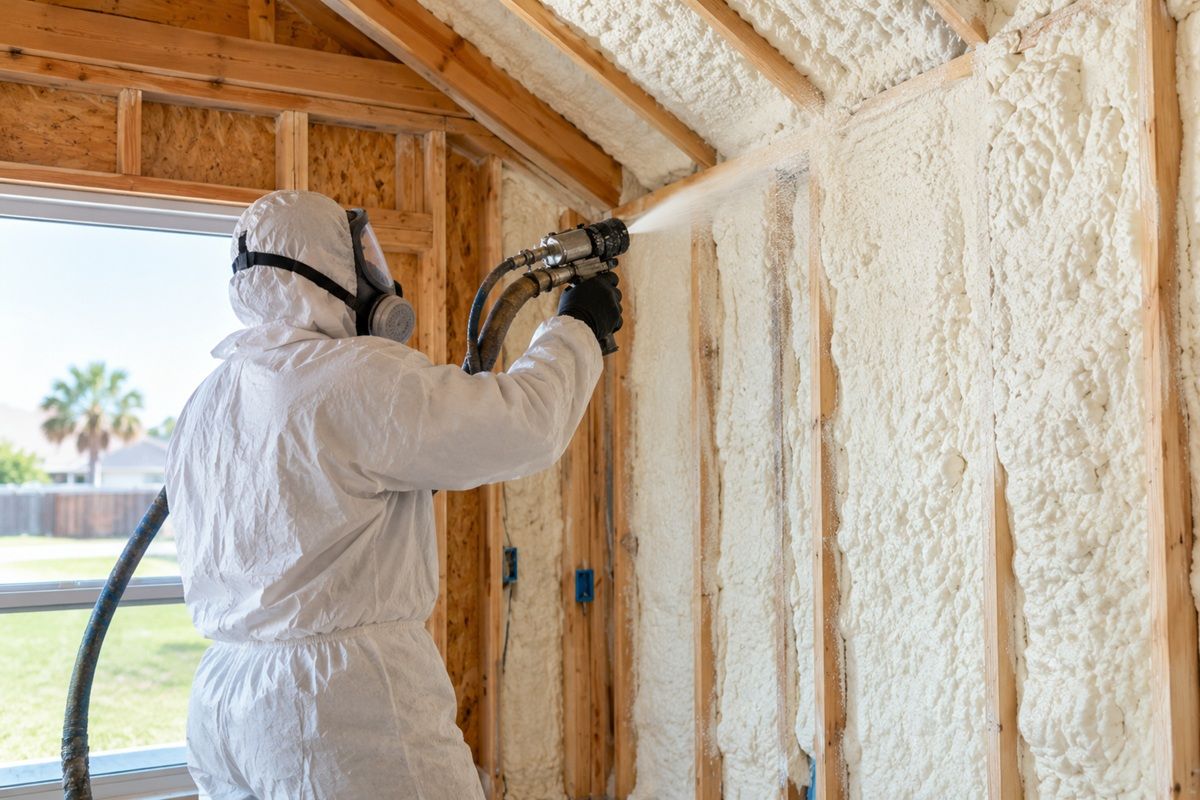  Spray foam insulation being applied to exposed wall studs in a Mission, TX home.
