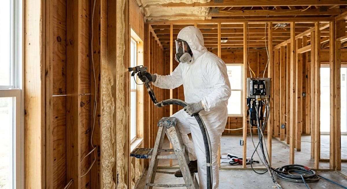 Contractor applying spray foam insulation inside a framed house in Mission, TX.
