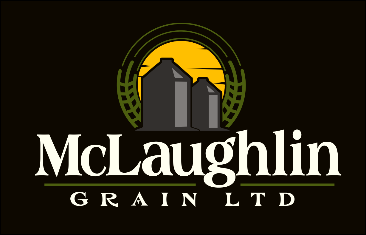 A logo for mclaughlin grain ltd with silos and wheat