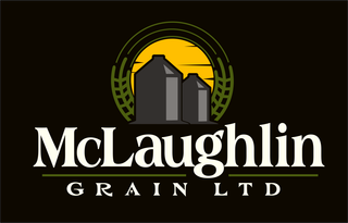 A logo for mclaughlin grain ltd with silos and wheat