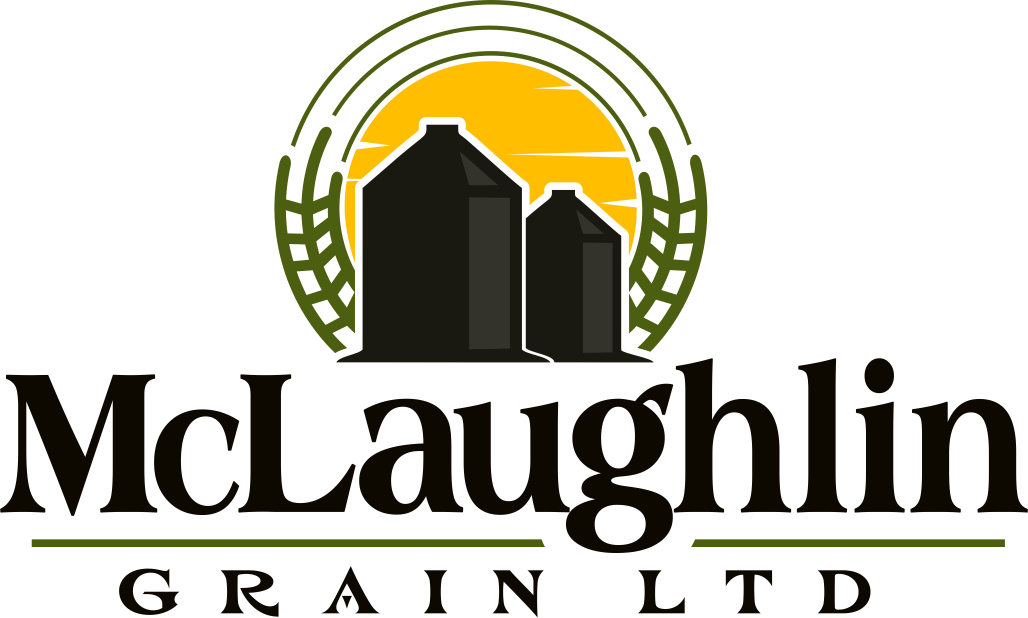 A logo for mclaughlin grain ltd with a silo and wheat ears