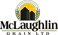 A logo for mclaughlin grain ltd with a silo and wheat ears