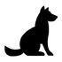 A black silhouette of a dog sitting down on a white background.