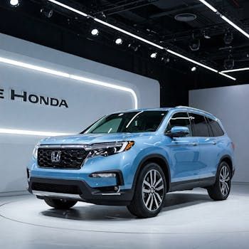 Light blue Honda Pilot SUV on display at a dealership.