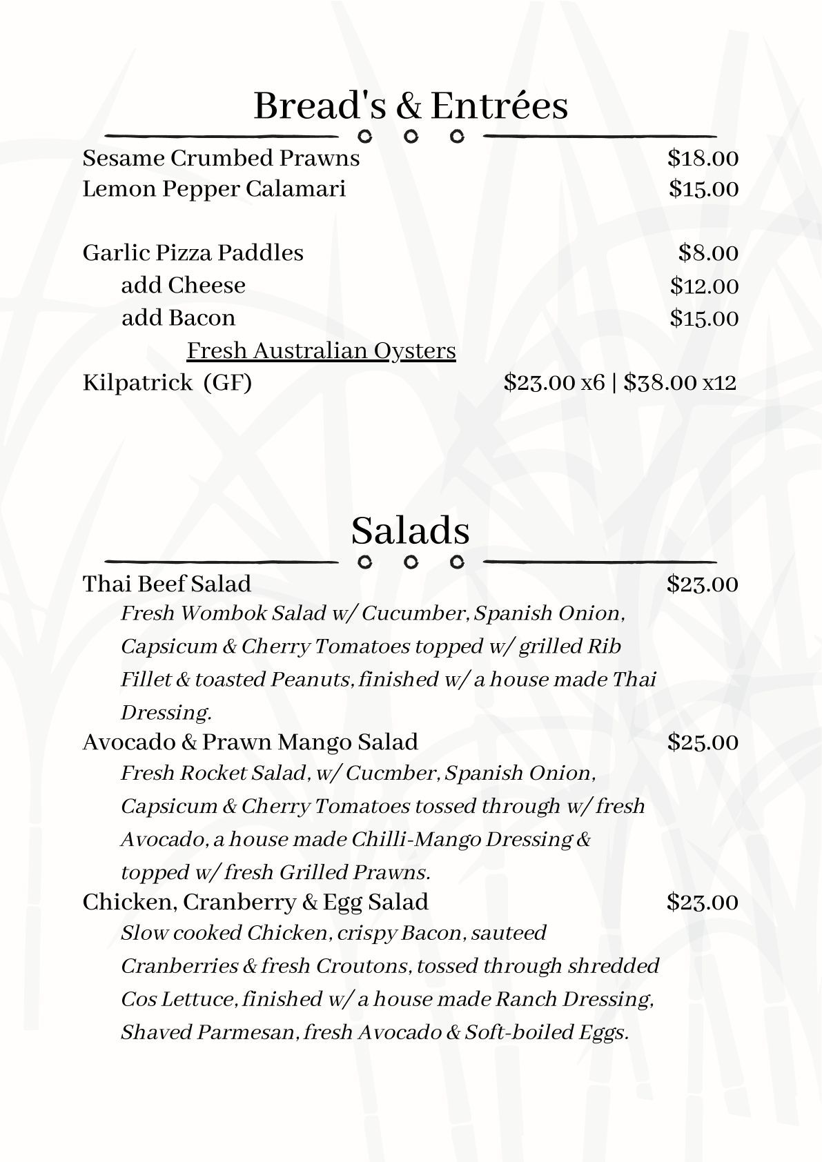 Menu Listing Bread, Entrees, and Salads With Prices — East End Hotel in Bundaberg East, QLD