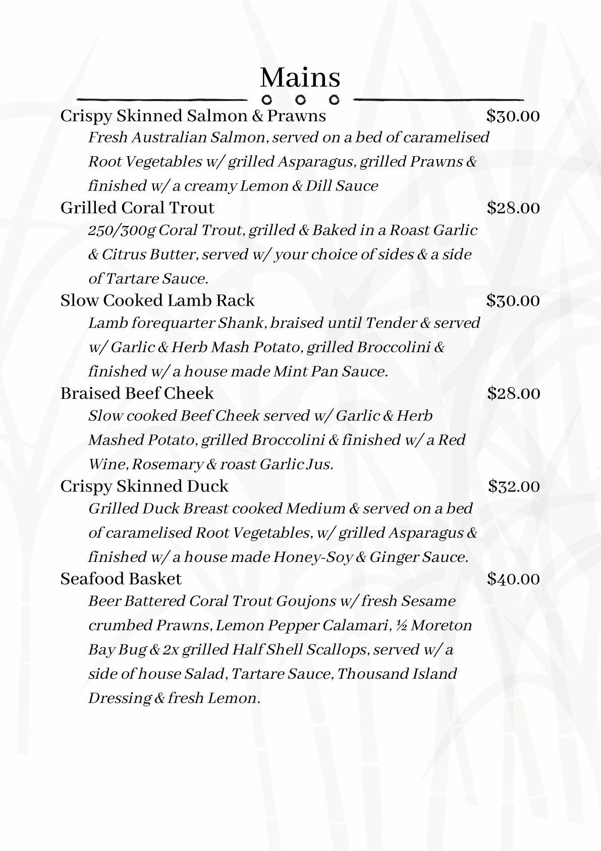 Main Menu With Prices — East End Hotel in Bundaberg East, QLD
