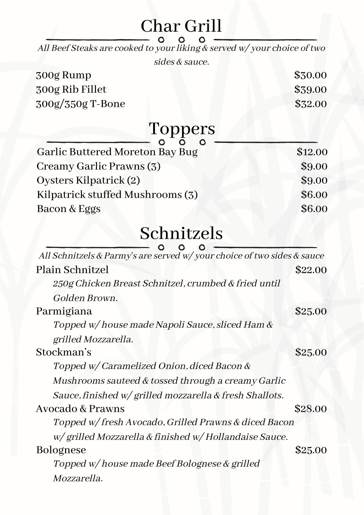 Menu Listing Char Grill, Toppers, and Schnitzels — East End Hotel in Bundaberg East, QLD