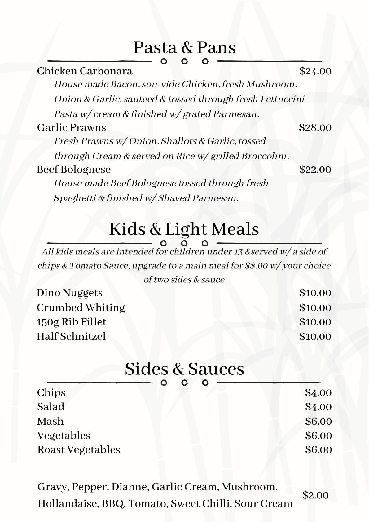Menu With Pasta, Kids' Meals, and Sides/sauces — East End Hotel in Bundaberg East, QLD