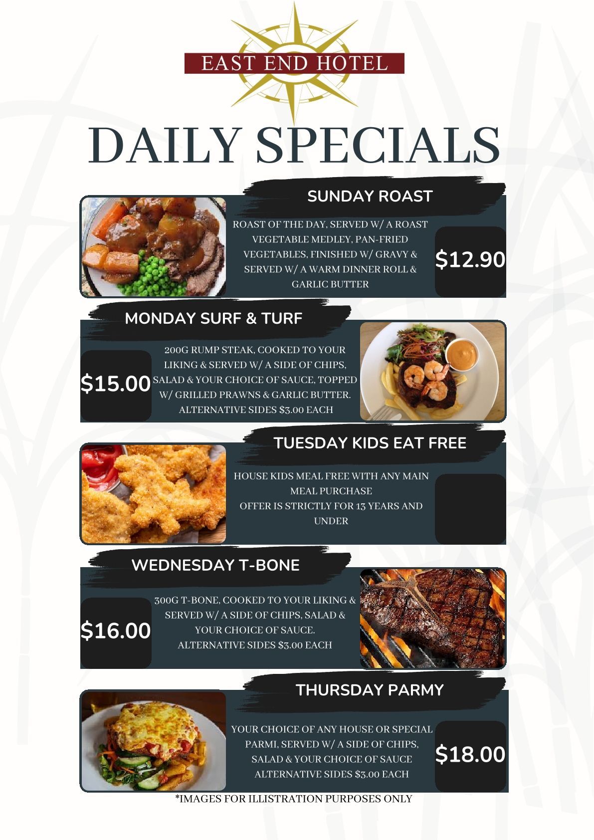 Daily Specials Menu Board From East End Hotel — East End Hotel in Bundaberg East, QLD
