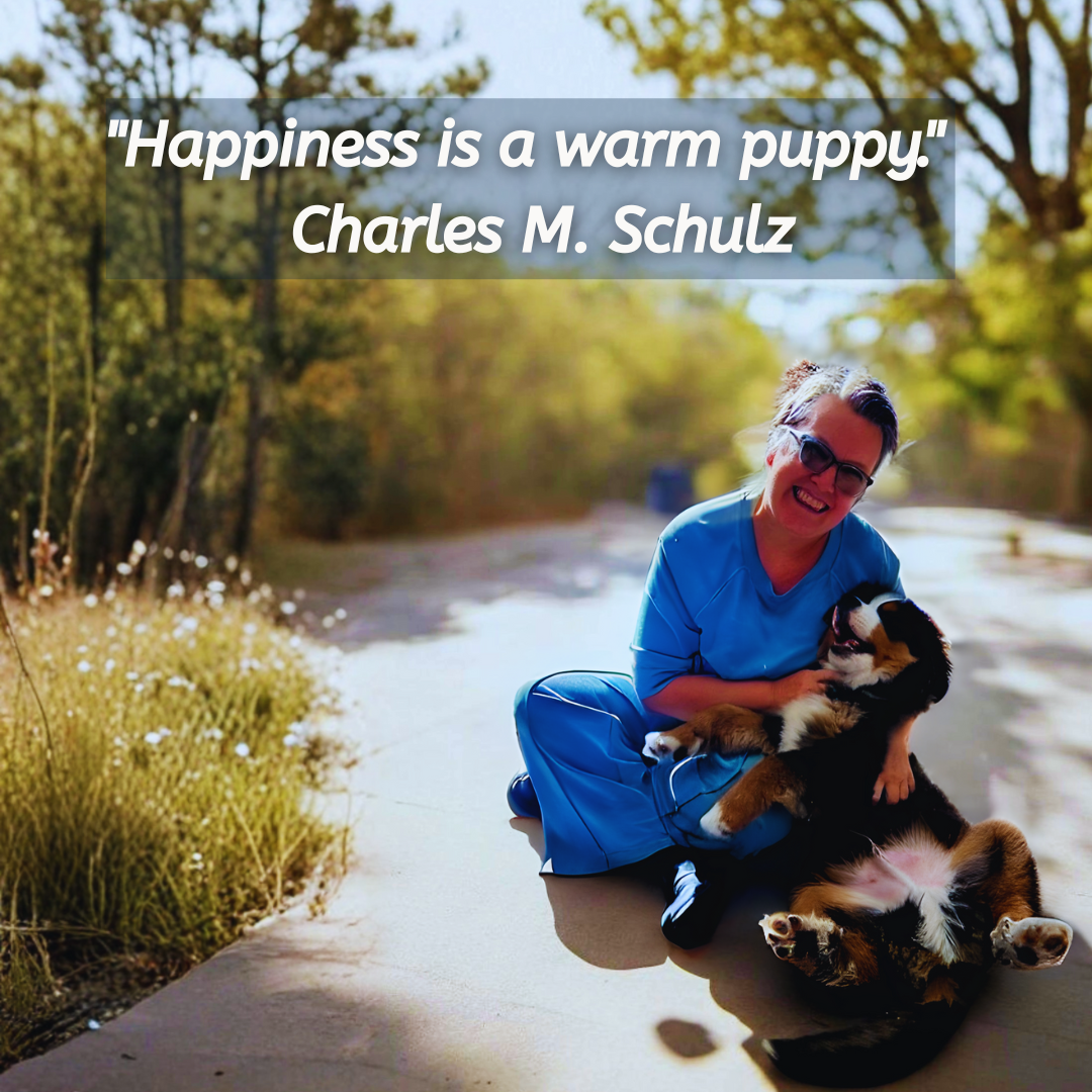 Woman seated with a Bernese Mountain Dog puppy on a pathway; quote Woman seated with a Bernese Mountain Dog puppy on a pathway; quote