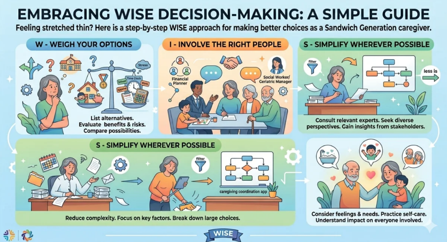 Infographic titled “Embracing Wise Decision-Making” with six illustrated steps and colorful classroom scenes. Infographic titled “Embracing Wise Decision-Making” with six illustrated steps and colorful classroom scenes.