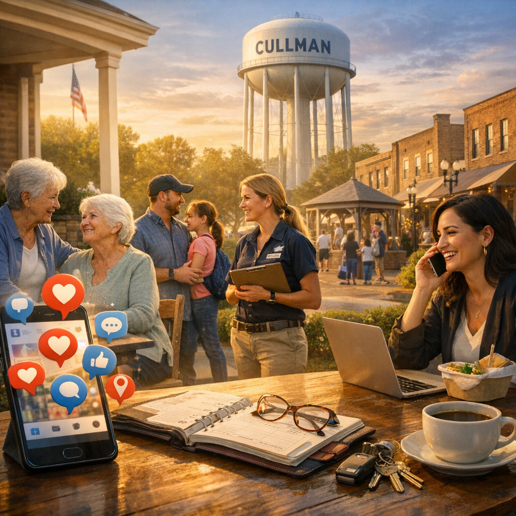 People chatting at a sunny town square café with a laptop, coffee, and social media reaction icons.