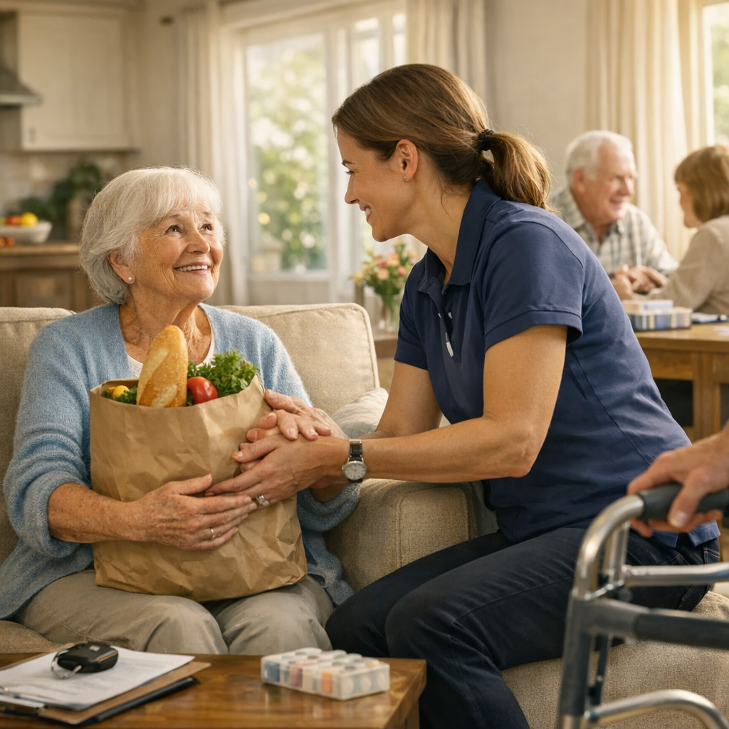 Caregiver in blue shirt hands groceries to smiling older woman in a bright living room