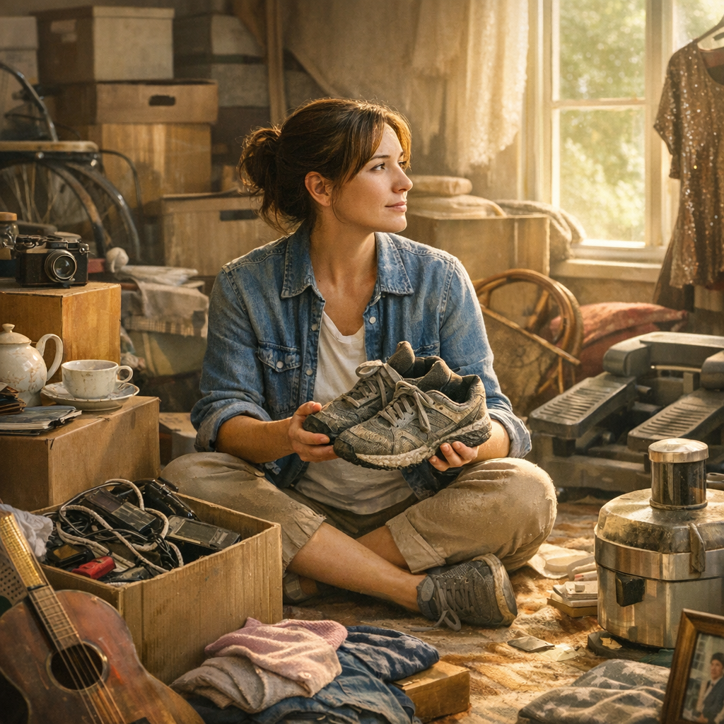 Woman in a sunlit workshop holding a pair of shoes, surrounded by boxes, tools, and a guitar.