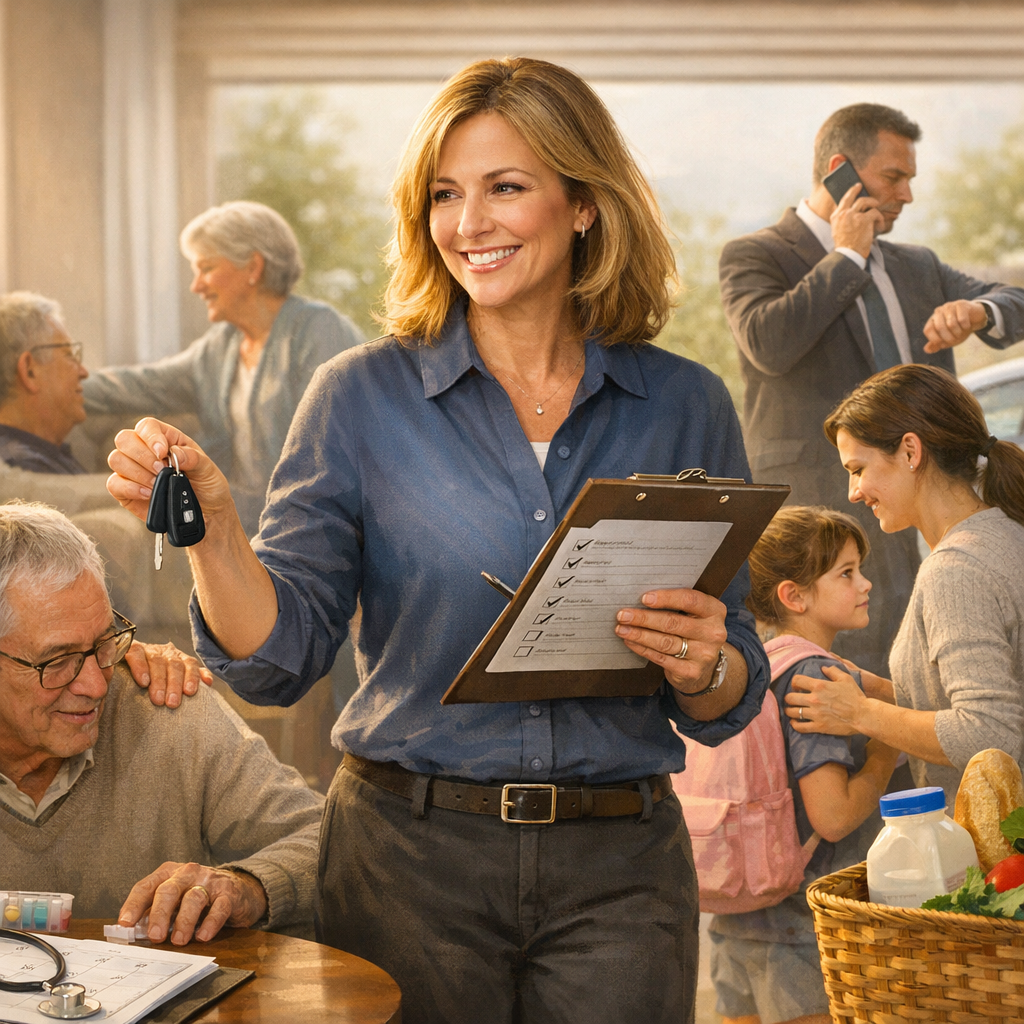Woman holding a clipboard and bottle smiles at a busy community event with people chatting around her