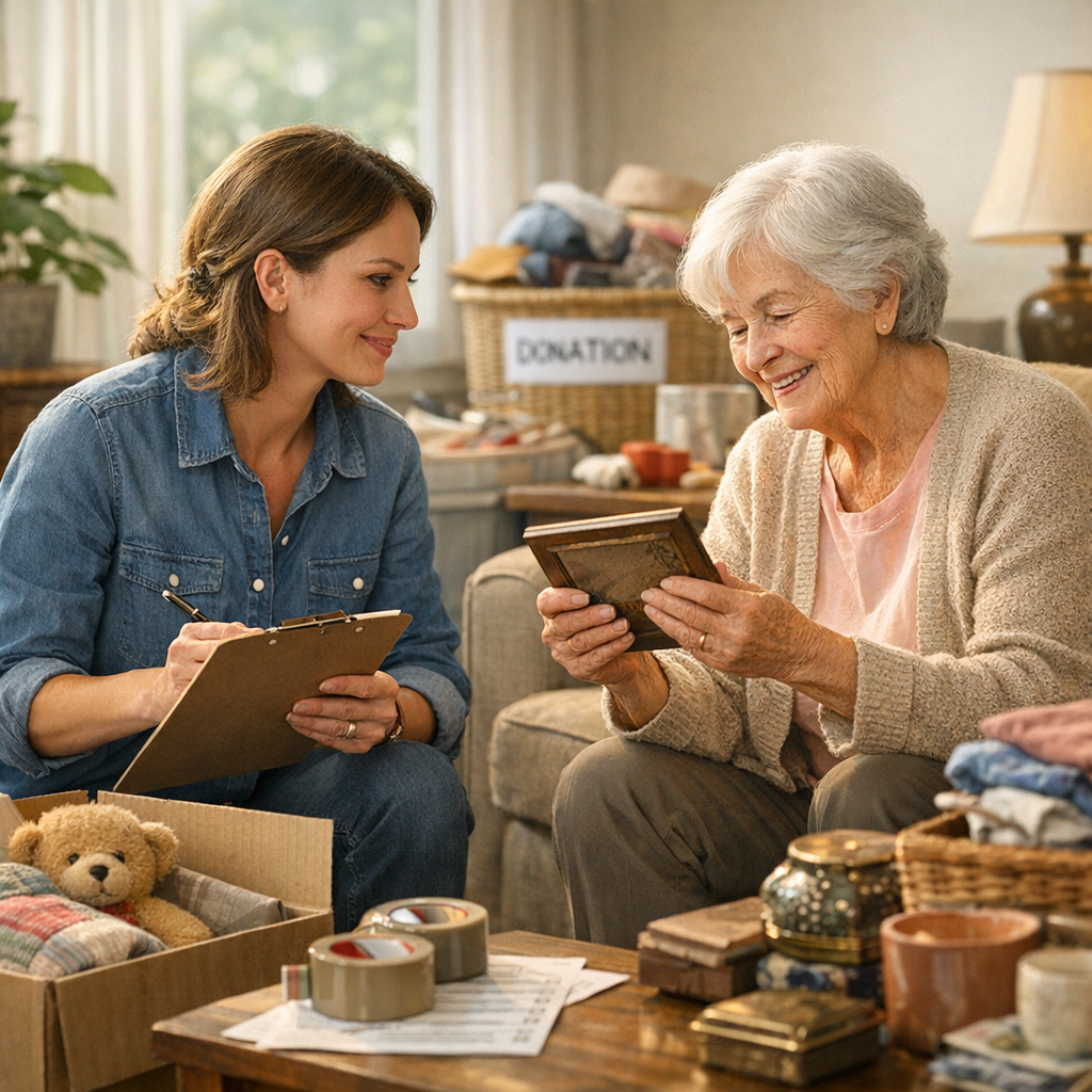Two women sorting donations in a cozy living room with labeled boxes and packed items