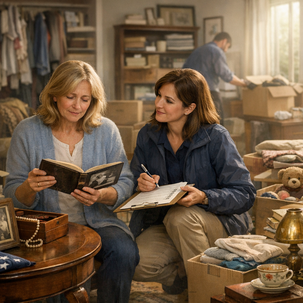 Two women sit on a couch writing in notebooks in a cozy, sunlit living room with boxes and teacups nearby