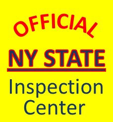 Yellow sign reading “Official NY State Inspection Center” in red and blue text