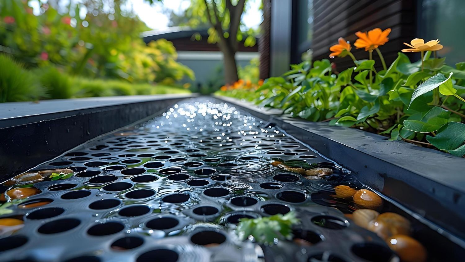 Water flowing through a black perforated channel, with green plants and orange flowers along the edge.