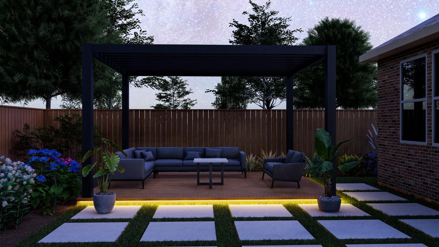 Modern backyard patio with pergola, sectional sofa, fire table, and glowing pathway lights at dusk